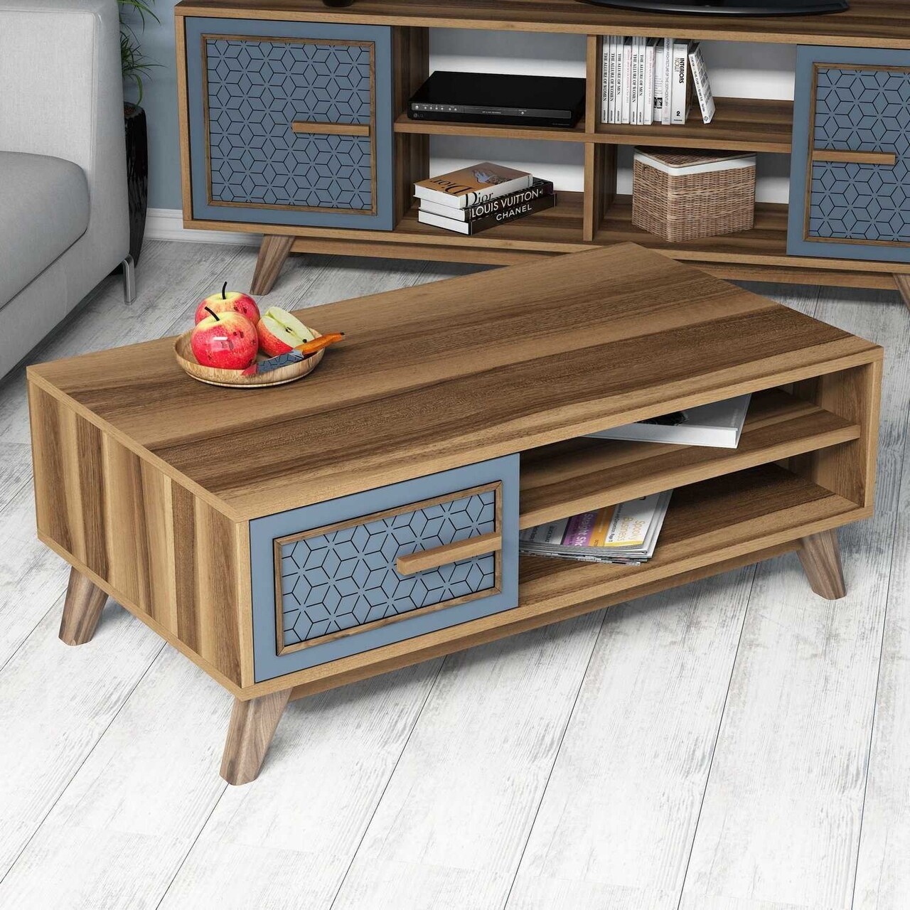 Masuta de cafea Ayla Walnut, Hommy Craft, 105x60x105 cm, aluna/albastru - imagine 5